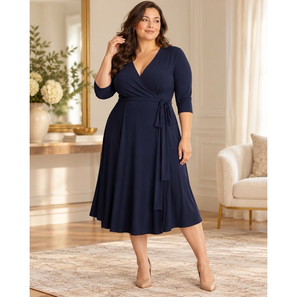 Kiyonna Essential Wrap Dress Womens 2X Black 3/4 Sleeve Plus Size Made USA